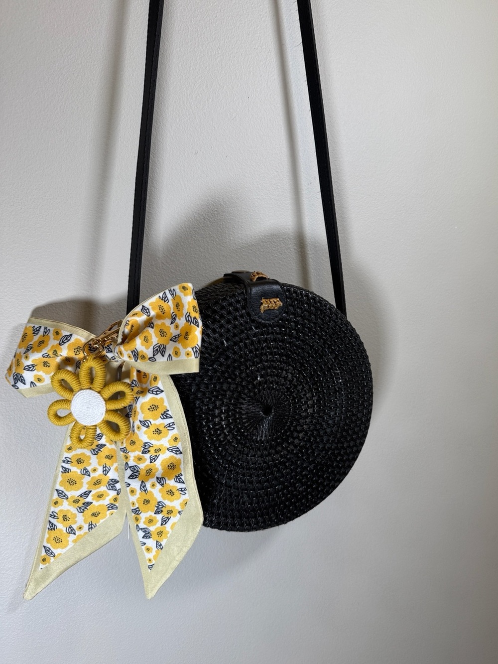 Black Woven Round Crossbody Bag + Floral Twilly & Flower Charm